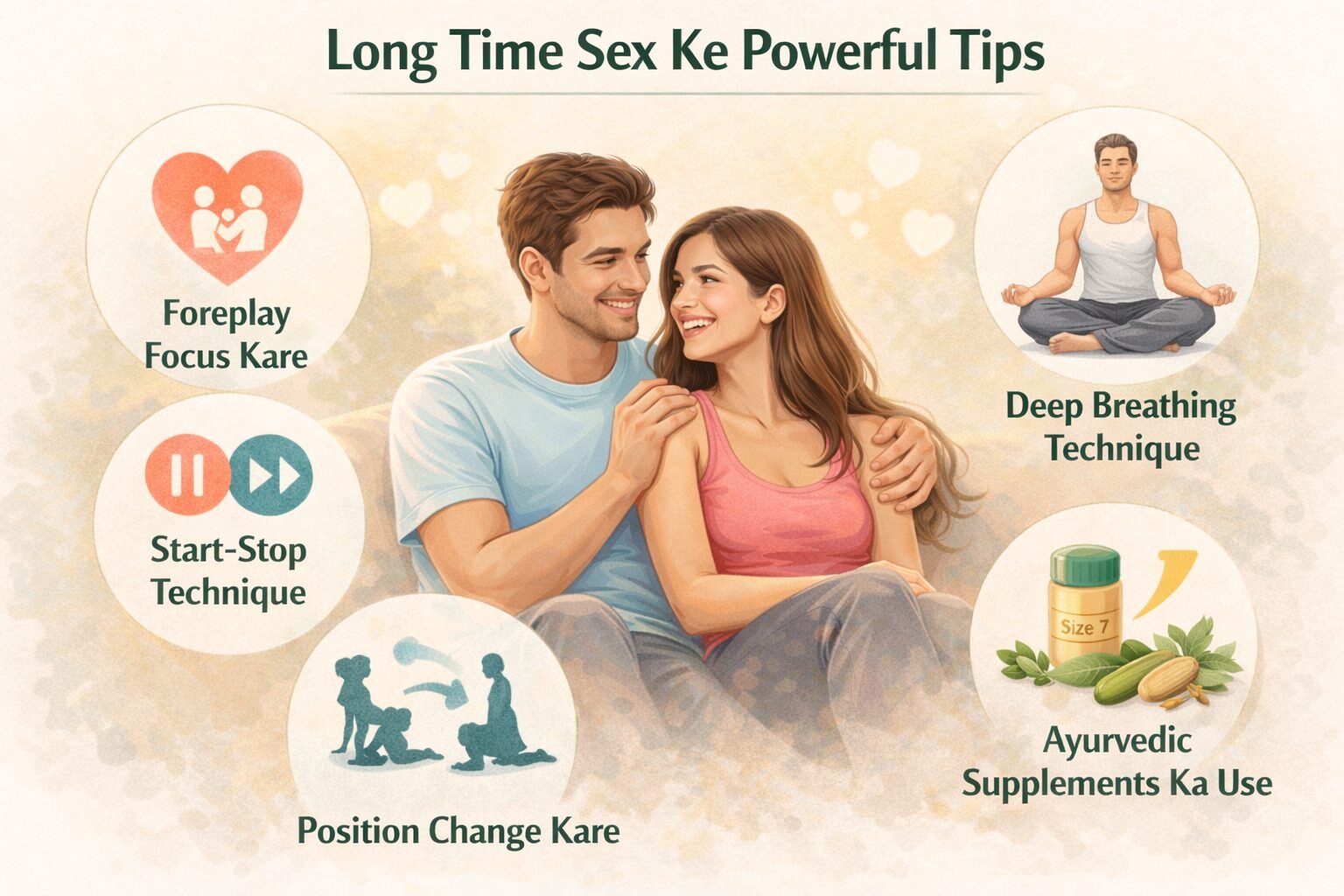 Long time sex ke powerful tips infographic showing foreplay focus, start stop technique, deep breathing, position change and Ayurvedic supplement Size 7 capsule