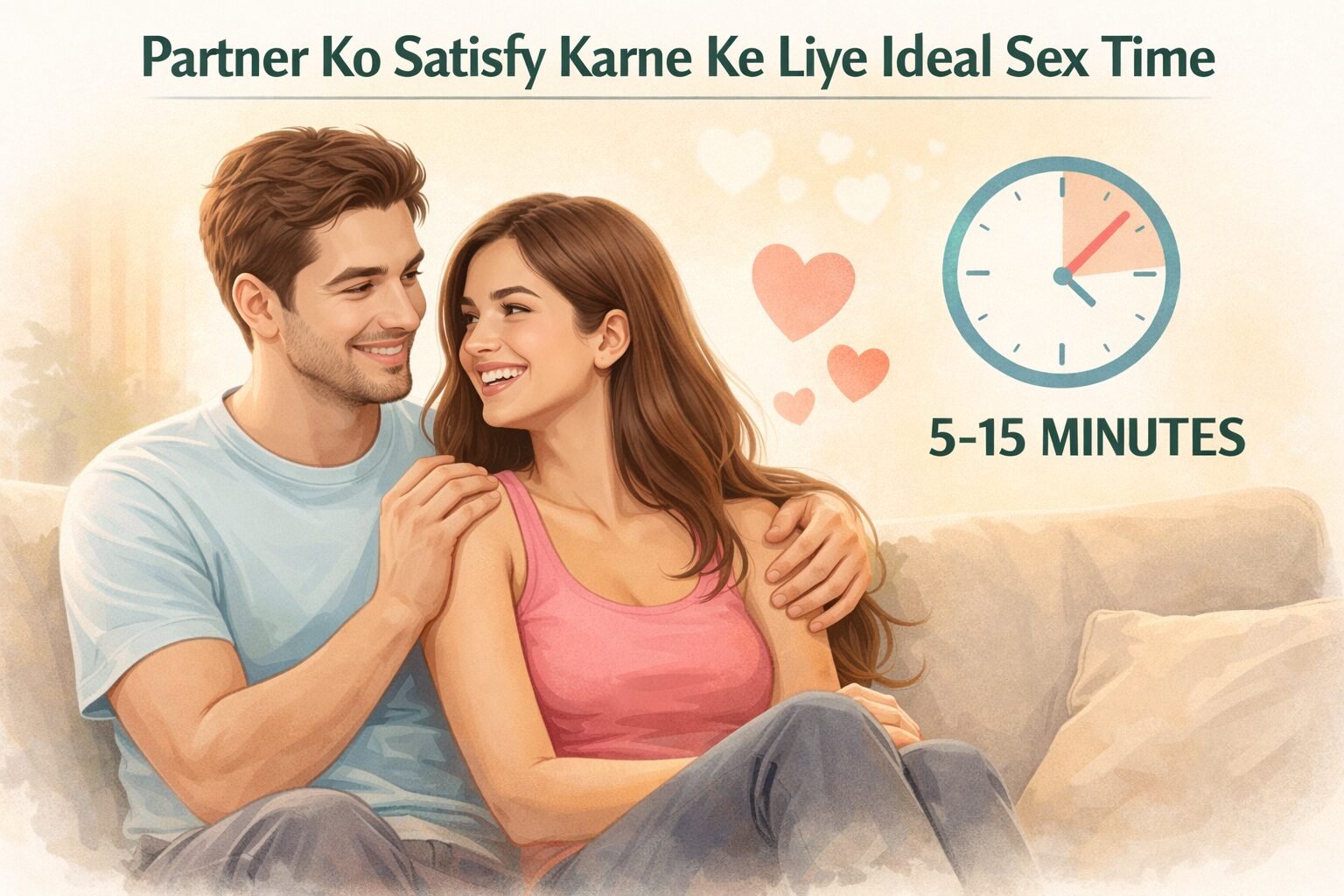 Partner ko satisfy karne ke liye ideal sex time concept with happy couple and 5-15 minutes relationship satisfaction illustration
